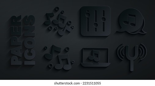 Set Laptop with music, Music note, tone, Musical tuning fork, Sound mixer controller and  icon. Vector