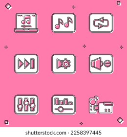 Set Laptop with music, Music note, tone, Repeat button, Fast forward, video settings, Speaker mute, Sound mixer controller and equalizer icon. Vector