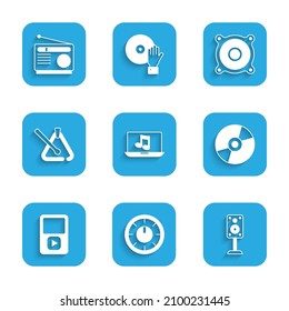 Set Laptop with music, Sound mixer controller, Stereo speaker, Vinyl disk, Music player, Triangle musical instrument,  and Radio icon. Vector