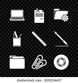 Set Laptop, Note paper with pinned pushbutton, Folder settings gears, Document folder, Paper clip, Scotch, Pencil case stationery and Ruler icon. Vector