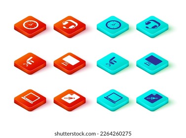 Set Laptop, Note paper with push button, Office chair, Computer monitor, Headphones and Clock icon. Vector