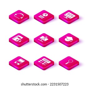 Set Laptop, Online quiz, test, survey, Audio book, Video chat conference, Magnifying glass, Graduation cap globe, monitor and Create account screen icon. Vector