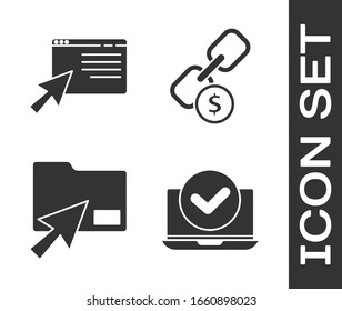Set Laptop, Online shopping on screen, Cursor click document folder and Chain link and coin icon. Vector