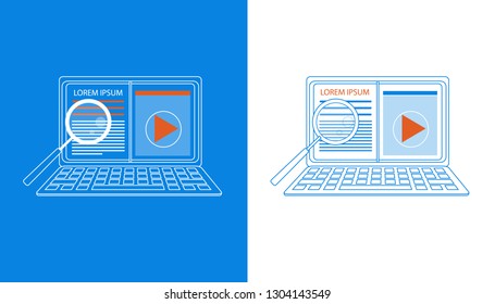 Set with Laptop. Opened Web Page and Recording Player Window, Copy Space. Magnifier. E-learning, Online Education, Computer Studying. Flat Vector Illustration Isolated On White and Blue Background
