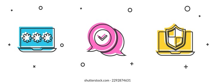 Set Laptop with password, Check mark in speech bubble and protected shield icon. Vector