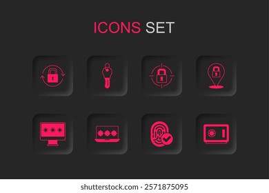 Set Laptop with password, Key, Lock, Fingerprint, Safe,  and Monitor icon. Vector