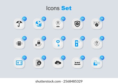 Set Laptop with password, Lock, Shield world globe, Safe, Cyber security, Umbrella and Old key icon. Vector