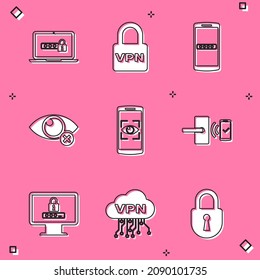 Configure el equipo portátil con contraseña, bloqueo de VPN, móvil y, ocultación invisible, exploración ocular e icono inalámbrico de cerradura de puerta digital. Vector
