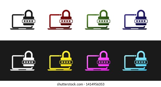 Set Laptop with password notification and lock icon isolated on black and white background. Concept of security, personal access, user authorization, login form. Vector Illustration
