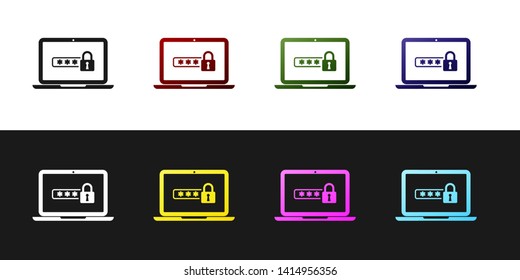 Set Laptop with password notification and lock icon isolated on black and white background. Concept of security, personal access, user authorization, login form. Vector Illustration