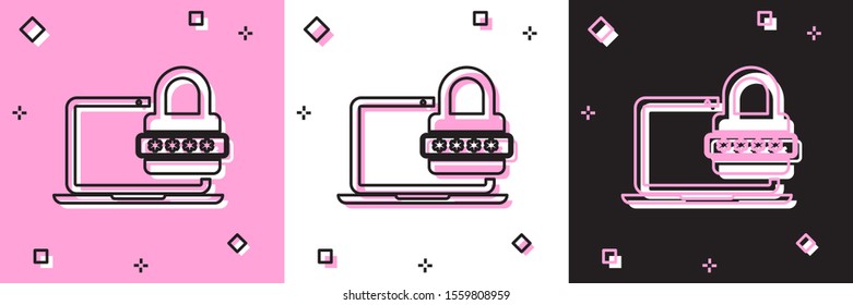 Set Laptop with password notification and lock icon isolated on pink and white, black background. Security, personal access, user authorization, login form.  Vector Illustration