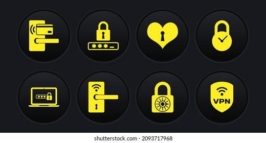 Set Laptop with password, Padlock clock, Digital door wireless, Safe combination wheel, Heart keyhole and Password protection icon. Vector