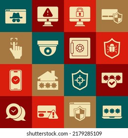 Set Laptop with password, Password protection, System bug, Lock monitor, Security camera, Fingerprint, Browser incognito window and Safe icon. Vector