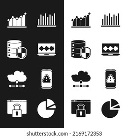 Set Laptop with password, Server shield, Pie chart infographic, Network cloud connection, Mobile exclamation mark,  and Secure your site HTTPS, SSL icon. Vector