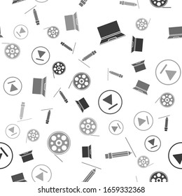 Set Laptop, Pencil with eraser, Fast forward and Film reel on seamless pattern. Vector