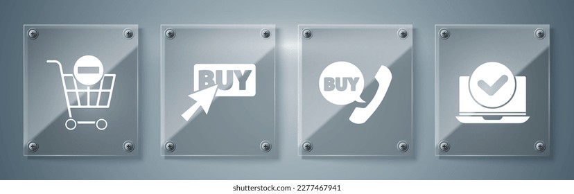 Set Laptop, Phone and speech bubble with Buy, Buy button and Remove shopping cart. Square glass panels. Vector