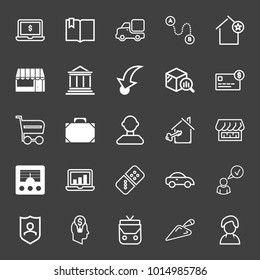 set of laptop price, bookmark, cargo, destination, shop, bank, card, shopping cart, stats, car, domino, security, business idea, shovel, bag, speedometer, female, suitcase, fireplace, vector icon