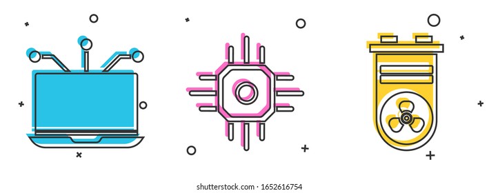 Set Laptop, Processor and Video graphic card icon. Vector