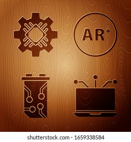 Set Laptop, Processor, Video graphic card and Ar, augmented reality on wooden background. Vector