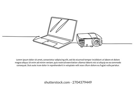Set of laptop and projector one line. Electronic tools. Abstract minimal continuous line isolated on white background.