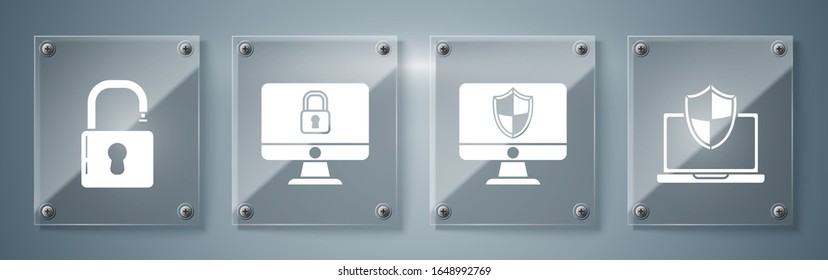 Set Laptop protected with shield, Computer monitor and shield , Lock on computer monitor screen and Open padlock . Square glass panels. Vector