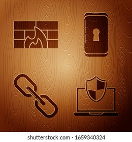 Set Laptop protected with shield, Firewall, security wall , Chain link  and Smartphone with lock  on wooden background. Vector