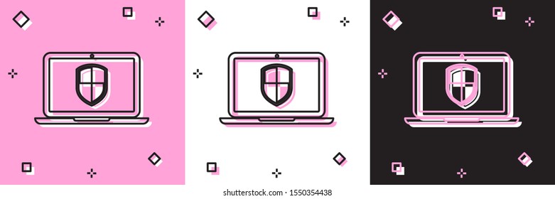 Set Laptop protected with shield icon isolated on pink and white, black background. Internet security. PC security, firewall technology, privacy safety.  Vector Illustration