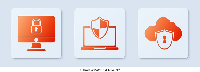 Set Laptop protected with shield, Lock on computer monitor screen and Cloud and shield. White square button. Vector