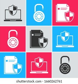 Coloque el portátil protegido con el protector, la rueda de bloqueo de combinación segura y el icono de concepto de protección de documentos. Vector
