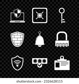 Proteja el portátil con el escudo, la seguridad, la clave, la red inalámbrica WiFi Shield, la protección con contraseña y el acceso a la seguridad, la insignia de identificación, la pared de ladrillos de seguridad cibernética y el icono de la campana de llamada. Vector