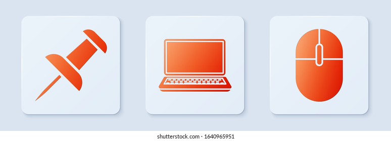 Set Laptop, Push pin and Computer mouse. White square button. Vector