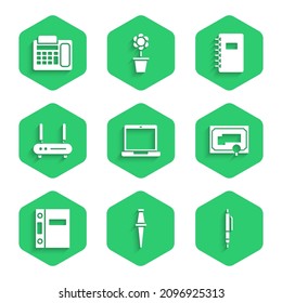 Set Laptop, Push pin, Pen, Certificate template, Office folders, Router and wi-fi signal, Spiral notebook and Telephone icon. Vector