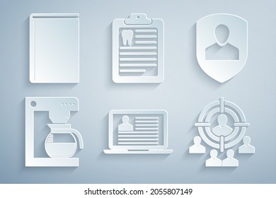 Set Laptop with resume, User protection, Coffee machine pot, Marketing target strategy, Clipboard dental card and Book icon. Vector