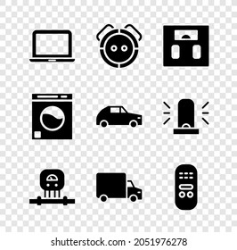 Set Laptop, Robot vacuum cleaner, Bathroom scales, Smart sensor, Delivery cargo truck, Remote control, Washer and Car icon. Vector
