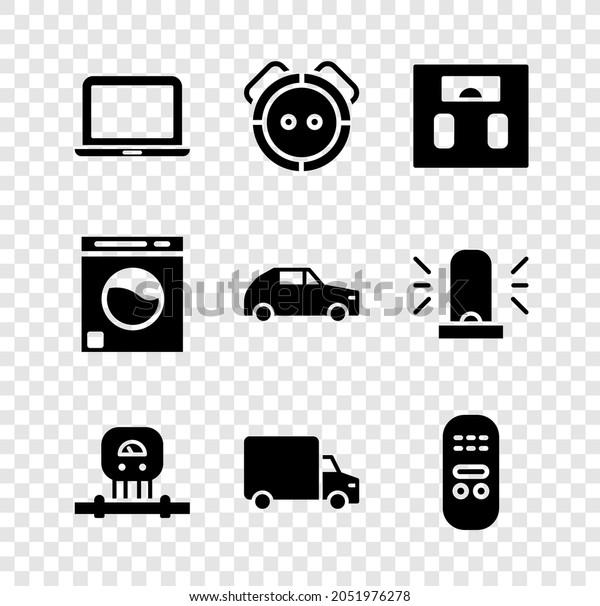 Set Laptop, Robot vacuum cleaner, Bathroom scales,
Smart sensor, Delivery cargo truck, Remote control, Washer and Car
icon. Vector