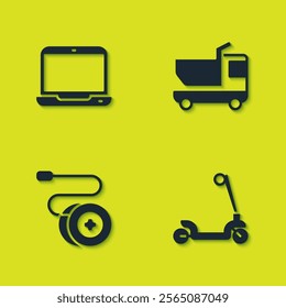 Set Laptop, Roller scooter, Yoyo toy and Toy truck icon. Vector