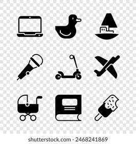 Set Laptop, Rubber duck, Toy boat, Baby stroller, Book, Ice cream, Microphone and Roller scooter icon. Vector