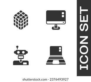Set Laptop, Rubik cube, Robot and Computer monitor screen icon. Vector