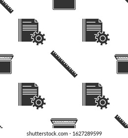 Set Laptop, Ruler and Document settings with gears on seamless pattern. Vector