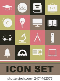 Set Laptop, Ruler, Open book, Book, Light bulb with concept of idea, Ringing alarm bell, Graduation cap and Computer monitor screen icon. Vector