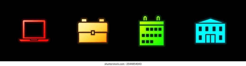 Set Laptop, School backpack, Calendar and building icon. Vector