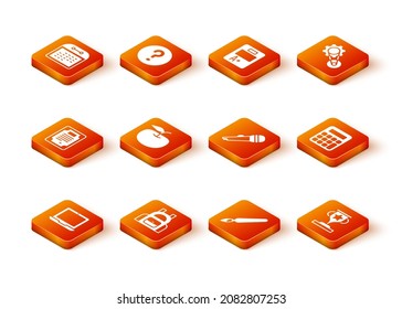 Set Laptop, School backpack, Certificate template, Apple, Paint brush, Microphone, Award cup and Calculator icon. Vector