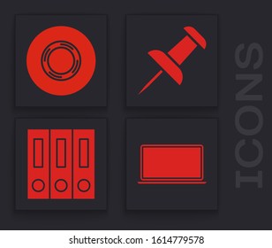Set Laptop, Scotch, Push pin and Office folders with papers and documents icon. Vector