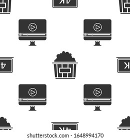 Set Laptop screen with 4k video technology , Popcorn in cardboard box  and Online play video  on seamless pattern. Vector