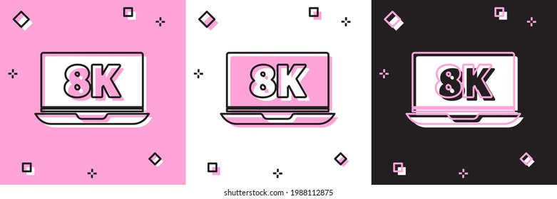 Set Laptop screen with 8k video technology icon isolated on pink and white, black background.  Vector