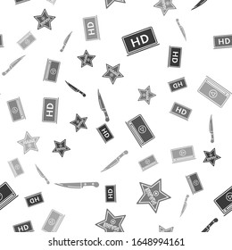 Set Laptop screen with HD video technology , Hollywood walk of fame star on celebrity boulevard , Online play video  and Knife  on seamless pattern. Vector