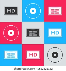 Set Laptop screen with HD video technology , CD or DVD disk  and Buy cinema ticket online  icon. Vector