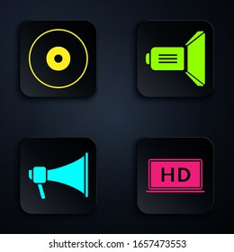 Ajuste la pantalla de portátil con tecnología de vídeo HD , CD o DVD disco , Megaphone y Movie spotlight . Botón cuadrado negro. Vector