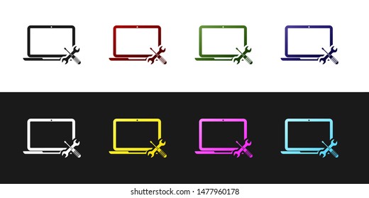 Set Laptop with screwdriver and wrench icon isolated on black and white background. Adjusting, service, setting, maintenance, repair, fixing.  Vector Illustration