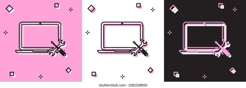 Set Laptop with screwdriver and wrench icon isolated on pink and white, black background. Adjusting, service, setting, maintenance, repair, fixing.  Vector Illustration